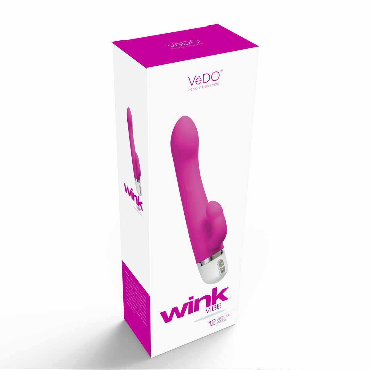 Vedo Wink Mini Silicone Rabbit Vibrator Pink packaging showcasing its design and features.
