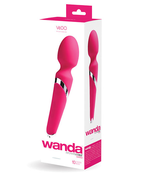 Vedo Wanda Rechargeable Wand Vibe Foxy Pink packaging showcasing flexible head and 10 vibration modes.
