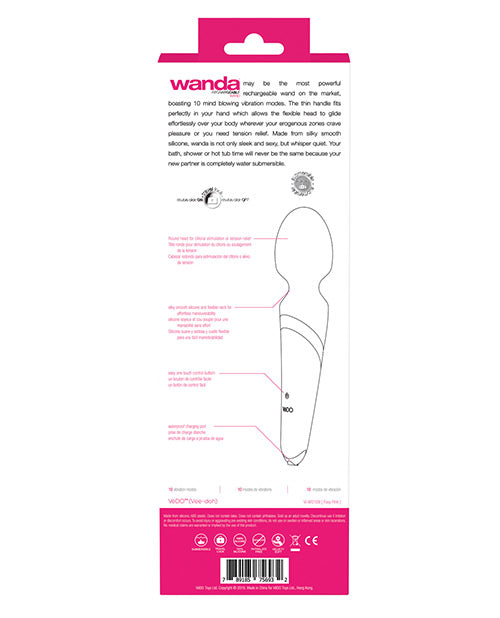 Vedo Wanda Rechargeable Wand Vibe Foxy Pink packaging back features and instructions for use.