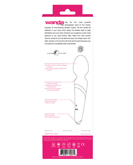 Vedo Wanda Rechargeable Wand Vibe Foxy Pink packaging back features and instructions for use.