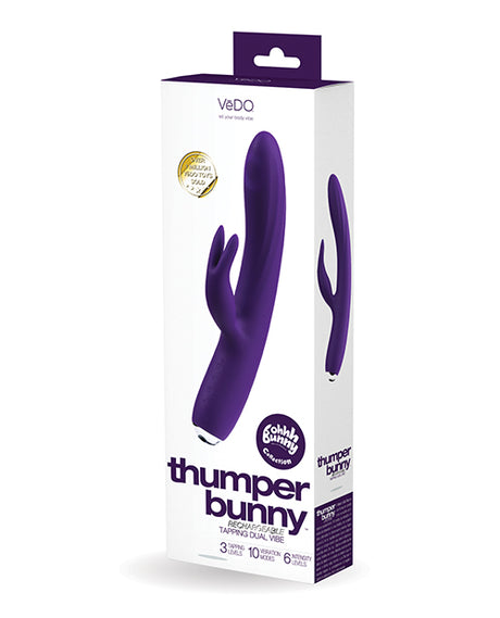 Vedo Thumper Bunny Rabbit Vibrator Deep Purple packaging showcasing its three motors and ten vibration modes.