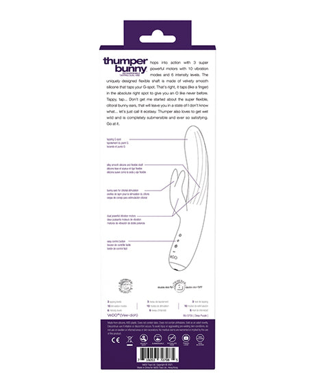 Vedo Thumper Bunny Rabbit Vibrator Deep Purple packaging highlighting features and specifications.