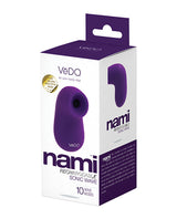 Vedo Nami Sonic Clitoral Vibrator Purple packaging showing features and vibrant design.