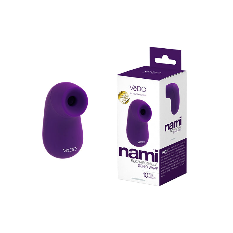 Vedo Nami Sonic Clitoral Vibrator Purple next to its packaging for precise clitoral pleasure.