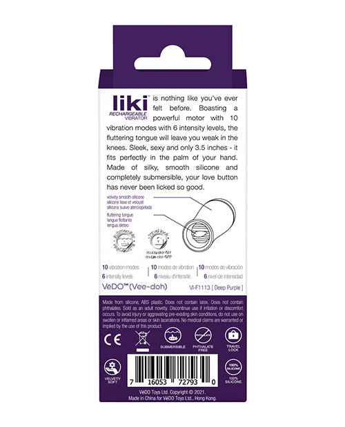 Vedo Liki Flicker Clitoral Vibrator Deep Purple packaging showcasing features and specifications.