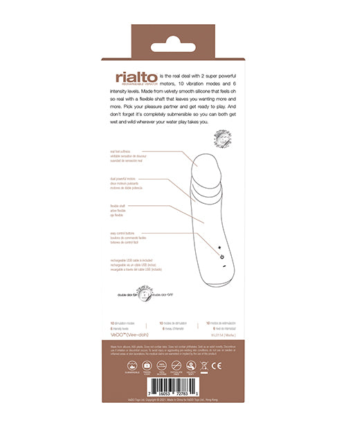 Vedo Rialto Silicone Rechargeable Realistic Vibrator Mocha packaging with features and details highlighted.