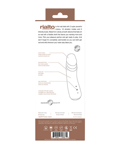 Vedo Rialto Silicone Rechargeable Realistic Vibrator Mocha packaging with features and details highlighted.