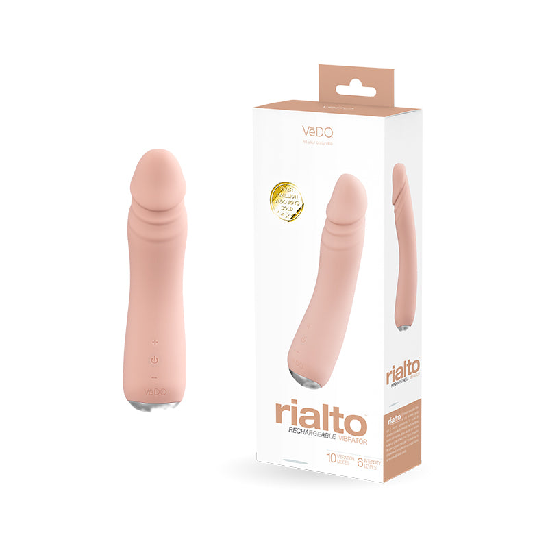 Vedo Rialto Silicone Rechargeable Realistic Vibrator Mocha with packaging showcasing its lifelike design and features.