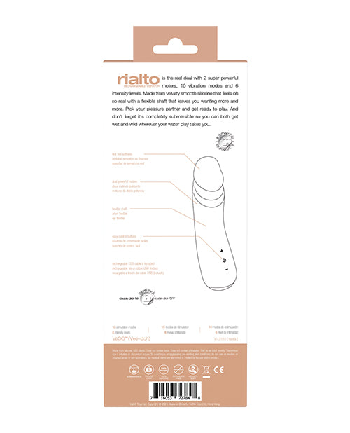 Vedo Rialto Rechargeable Vibe Vanilla product packaging featuring dual motors and adjustable settings.