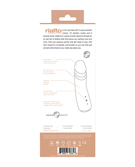 Vedo Rialto Rechargeable Vibe Vanilla product packaging featuring dual motors and adjustable settings.