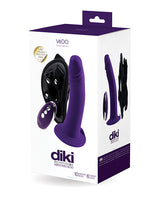 Vedo Diki Vibrating Dildo with Harness Deep Purple packaging showcasing the product and harness features.