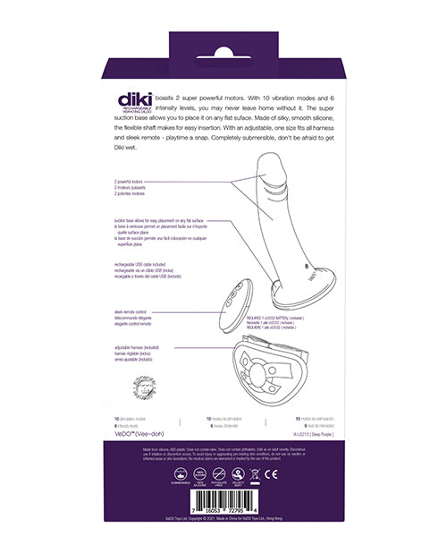 Vedo Diki Vibrating Dildo with Harness Deep Purple packaging details and features.