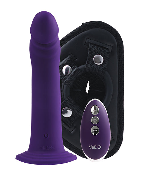 Vedo Diki Vibrating Dildo with Harness Deep Purple, featuring a silicone shaft and wireless remote for versatile play.