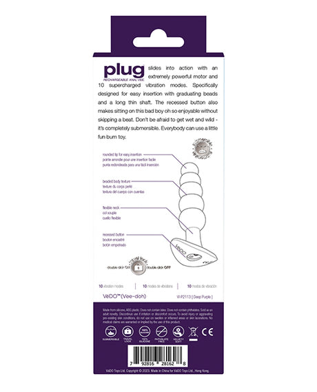 VeDO Plug Rechargeable Anal Plug Deep Purple packaging back with features and specifications highlighted.