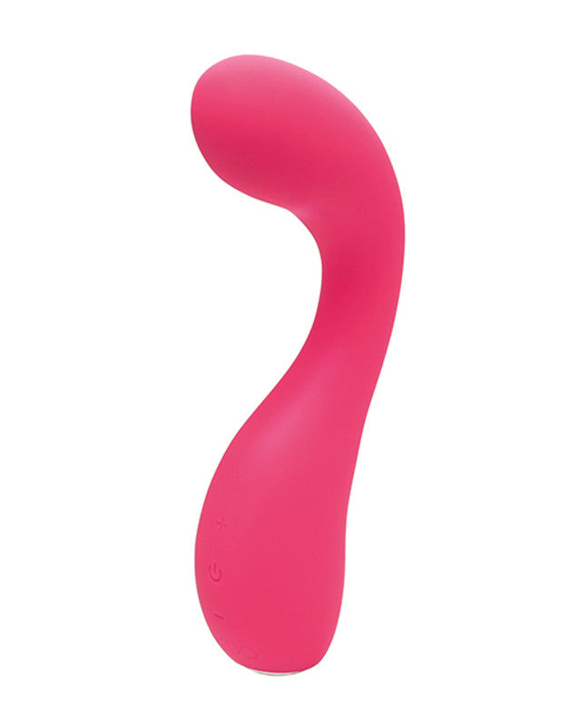 VeDO Desire Rechargeable Silicone G-Spot Vibrator Pink showcasing its curved design for targeted pleasure.