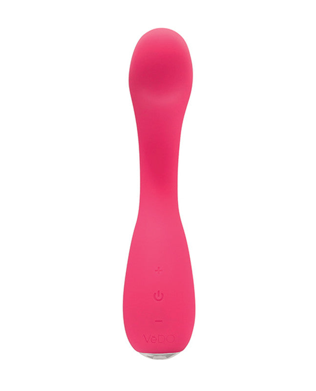 VeDO Desire Rechargeable Silicone G-Spot Vibrator Pink showcasing its curved design for targeted pleasure.