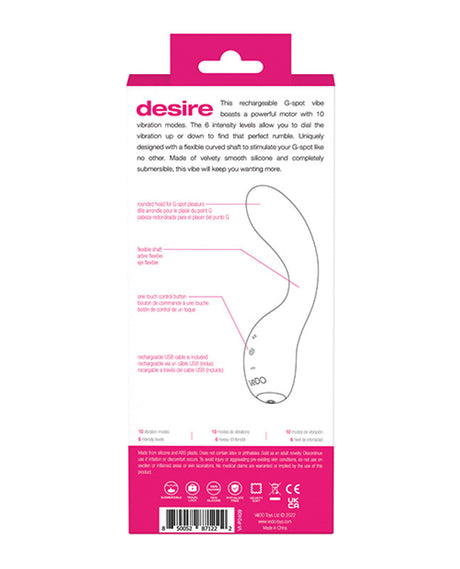 VeDO Desire Rechargeable Silicone G-Spot Vibrator Pink packaging showing features and specifications for targeted pleasure.