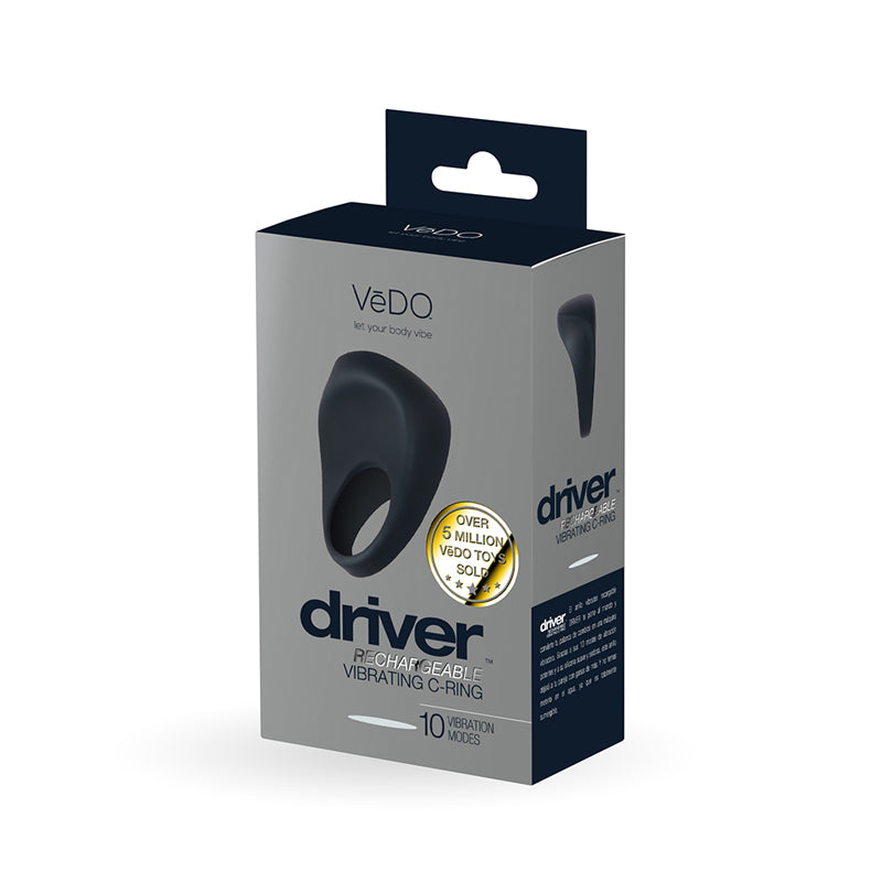 Vedo Driver Rechargeable Vibrating C-ring Black packaging showcasing 10 vibration modes for enhanced pleasure.