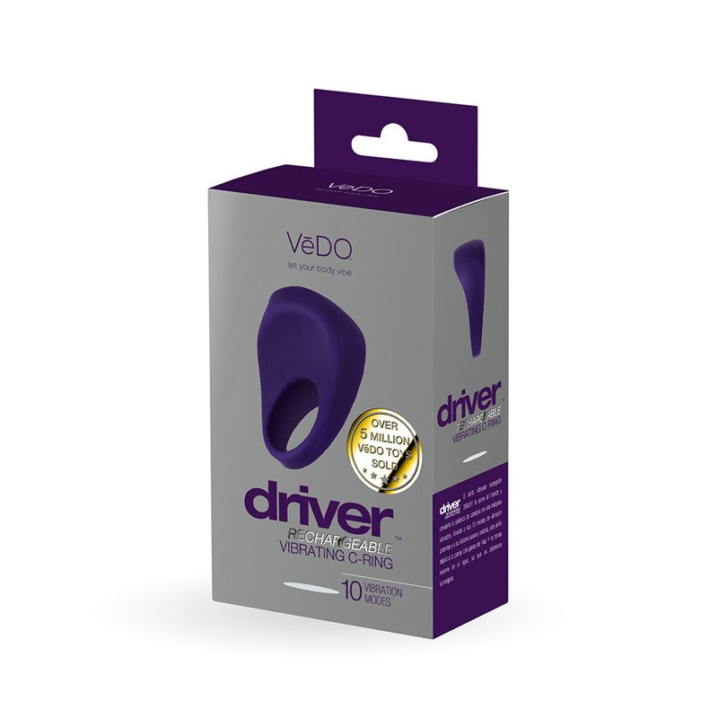 Vedo Driver Rechargeable Vibrating Cock Ring Purple packaging showcasing its features and sleek design.