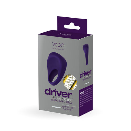 Vedo Driver Rechargeable Vibrating Cock Ring Purple packaging showcasing its features and sleek design.