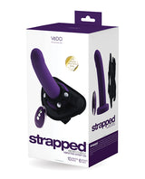 Vedo Strapped Rechargeable Strap On Deep Purple packaging with silicone dong and adjustable harness.