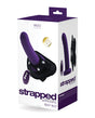 Vedo Strapped Rechargeable Strap On Deep Purple packaging with silicone dong and adjustable harness.