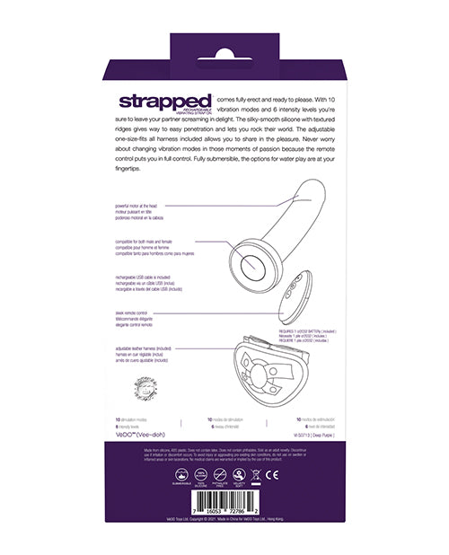 Vedo Strapped Rechargeable Strap On Deep Purple product packaging with features and specifications.