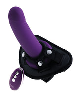 Vedo Strapped Rechargeable Strap On Deep Purple with adjustable harness and remote control for couples.