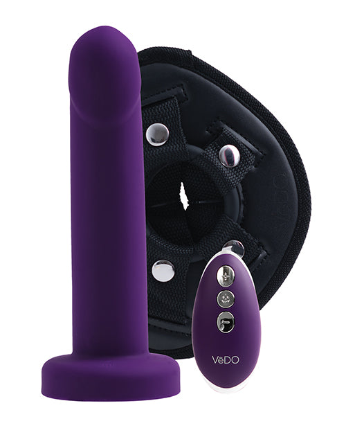 Vedo Strapped Rechargeable Strap On Deep Purple with adjustable harness and remote control.