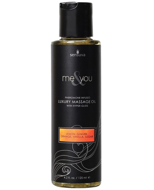 Me & You Pheromone Massage Oil Sugar Citrus 4.2 Oz bottle with lemon, ginger, orange, and vanilla-sugar scent.