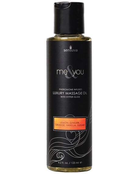Me & You Pheromone Massage Oil Sugar Citrus 4.2 Oz bottle with lemon, ginger, orange, and vanilla-sugar scent.