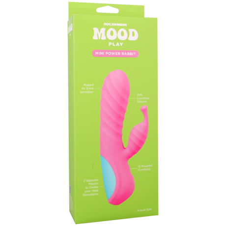 Mood Play Mini Power Rabbit Vibrator Pink packaging showcasing its dual-motor design and travel-friendly size.