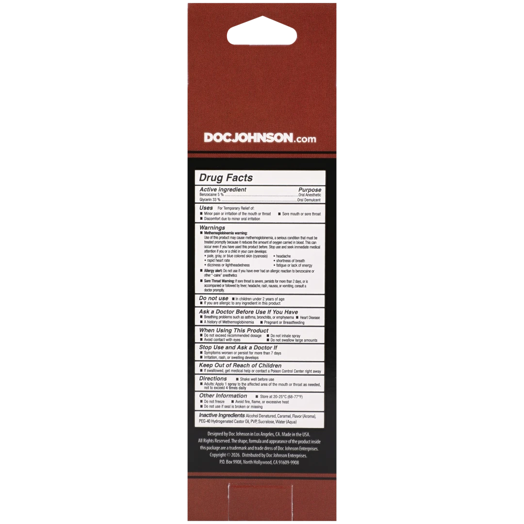 Label with drug facts and instructions for Goodhead Deep Throat Spray Double Chocolate 2 Oz product.