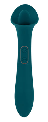 Playboy Pleasure True Indulgence Vibrator Deep Teal featuring a soft tongue and powerful vibrating shaft.