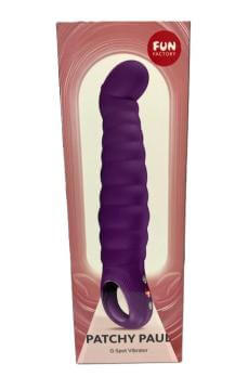 Fun Factory Patchy Paul G-Spot Vibrator Dark Violet in packaging showcasing its ergonomic design and vibrant color.