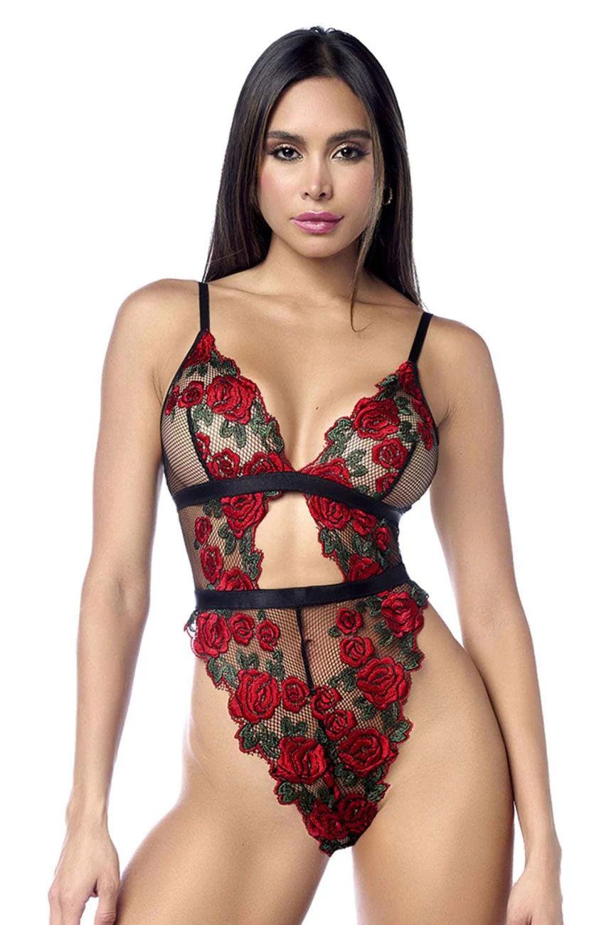 Mapale Sheer Mesh Rose Embroidery Teddy Black Red featuring intricate rose embroidery and sheer mesh design.