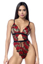 Mapale Sheer Mesh Rose Embroidery Teddy Black Red featuring intricate rose embroidery and sheer mesh design.