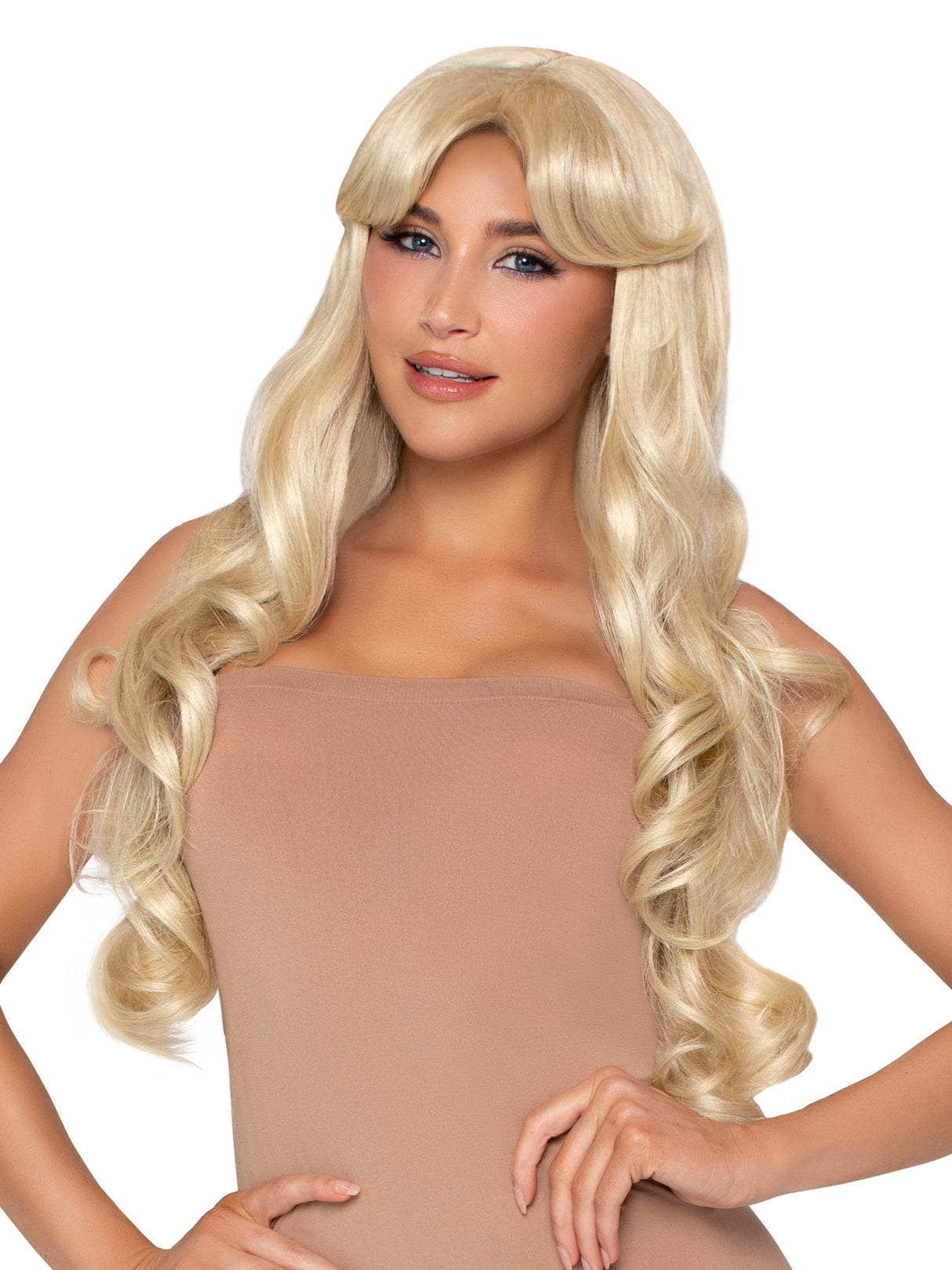 Leg Avenue 25 inches Curtain Bang Wavy Wig Blonde worn by a model, featuring soft blonde waves and curtain bangs.