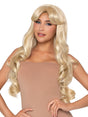 Leg Avenue 25 inches Curtain Bang Wavy Wig Blonde worn by a model, featuring soft blonde waves and curtain bangs.