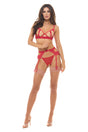 Twist Every Way Chain Bra Crotchless G-String Set Red on a model showcasing its edgy design and fit.