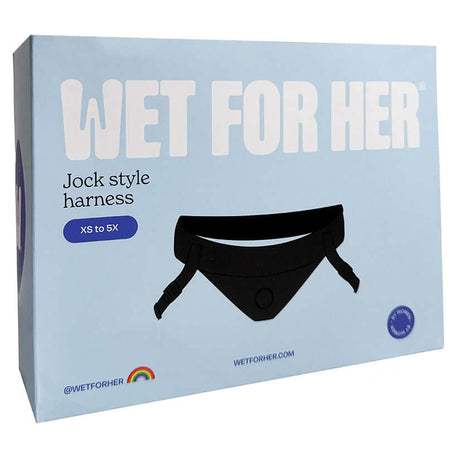 Wet For Her Jock Harness Black L-5XL packaging showcasing jock style design, adjustable fit detail.