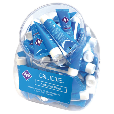 ID Glide Natural Feel Lubricant 12 ml Tubes Bowl Of 72 displayed in a clear container.