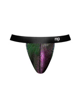 Male Power Hocus Pocus Uplift Jock Purple L XL front view with sleek satin waistband and contoured pouch.