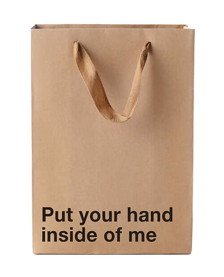 Wood Rocket Put Your Hand Inside Me Gift Bag with bold humorous text for adult gifts.