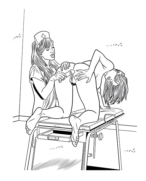 Illustration from the Wood Rocket XXX Nurses Coloring Book featuring a playful nurse and patient scene.