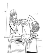Illustration from the Wood Rocket XXX Nurses Coloring Book featuring a playful nurse and patient scene.