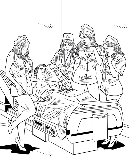 Wood Rocket XXX Nurses Coloring Book page featuring nurses in a playful and cheeky hospital scene.