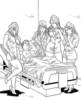 Wood Rocket XXX Nurses Coloring Book page featuring nurses in a playful and cheeky hospital scene.