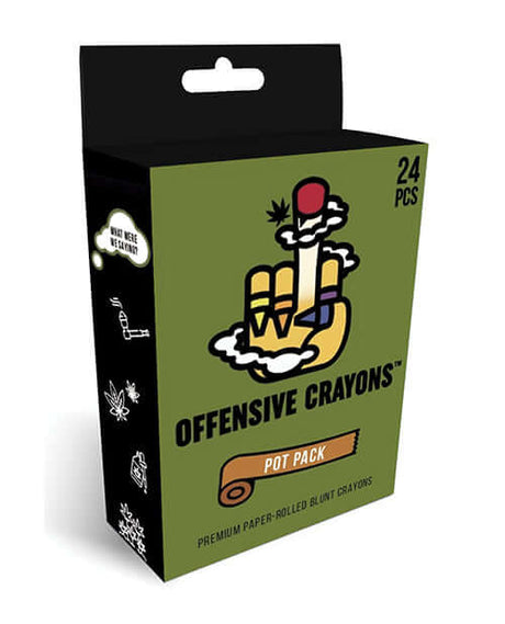 Wood Rocket Offensive Crayons Pot Pack packaging featuring premium paper-rolled blunt crayons for fun gifts.