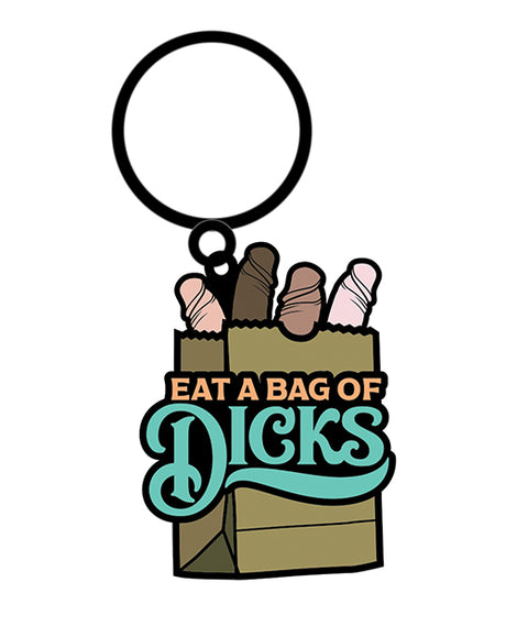 Wood Rocket Eat A Bag of Dicks Keychain Tan, humorous enamel keychain featuring a playful design.